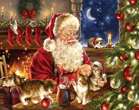 Santa enjoys playful kittens