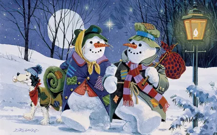 Snowmen stroll joyfully