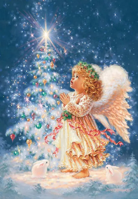 Angel with angel wings holding a christmas tree