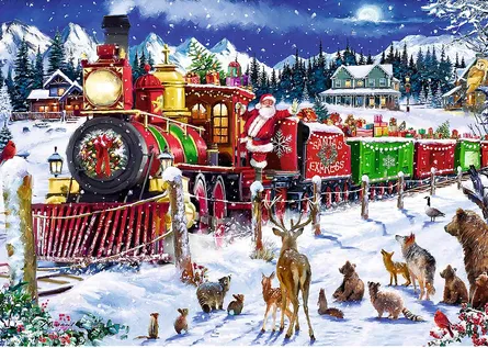 Festive train on tracks