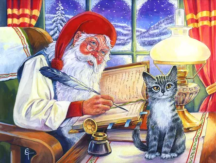 Santa writes with cat