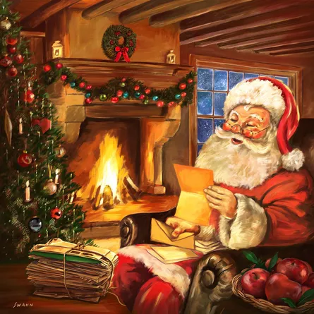 Santa in fireplace with paper