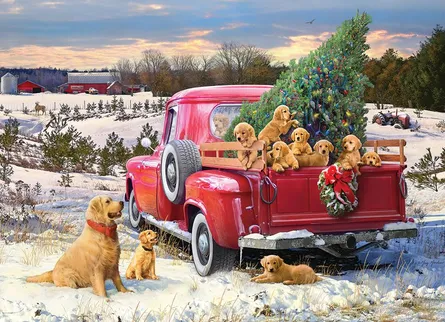 Puppies in festive truck