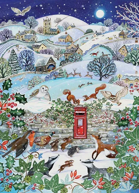 Snowy scene, winter animals, christmas theme