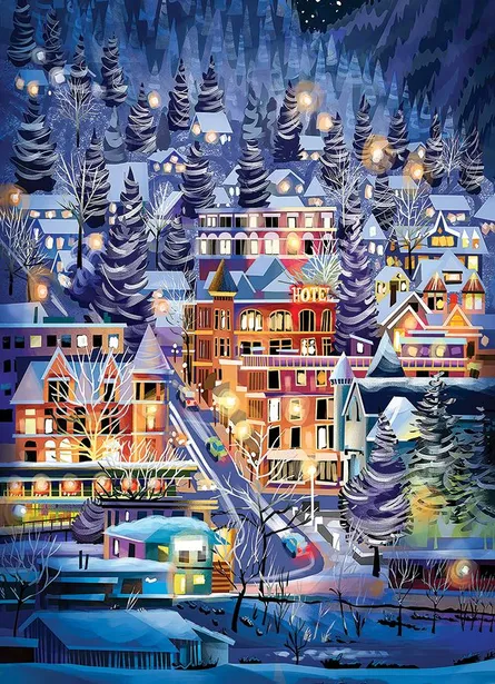 Winter village night scene