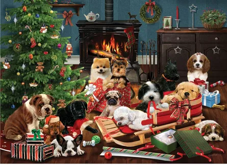 Festive puppies by fire