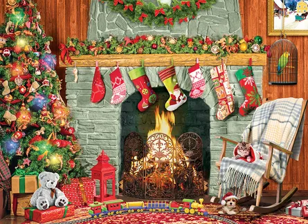 Christmas fireplace with presents and wreath