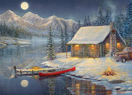 Winter cabin by moonlight