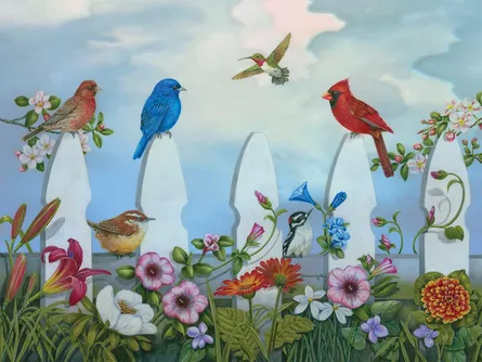 Colorful birds and flowers