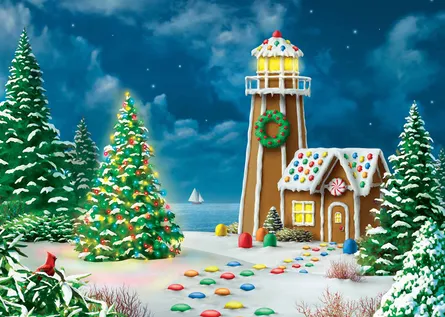 Gingerbread lighthouse in winter