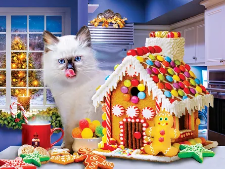 Cute cat and gingerbread house