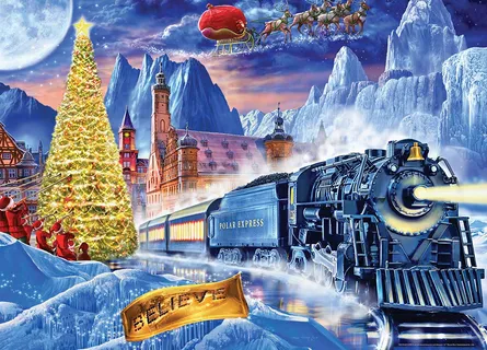 Festive holiday train on tracks