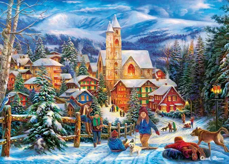 Winter village celebration scene