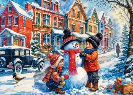 Winter scene with kids and snowman