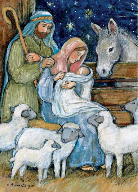 2-4 word sentences:

* Family scene
* Religious artwork
* Christmas manger
* Mary and jesus
* Sheep around manger
* Shepherd with staff