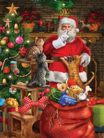 Santa enjoys playful cats