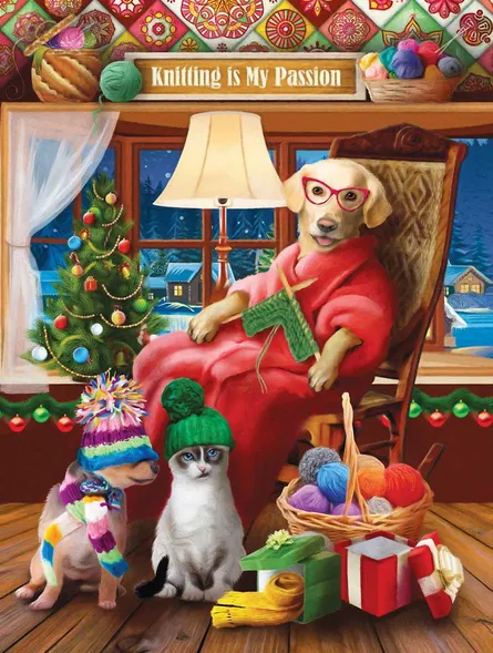 Dog in red blanket, cat and dog in front of tree, christmas lights on the tree, green sweater, knitting needles, dog's name on top