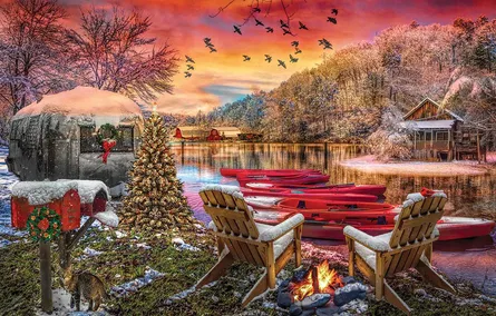 Cozy winter lakeside scene