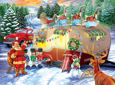 A snowy holiday scene with a car, reindeer, Santa Claus