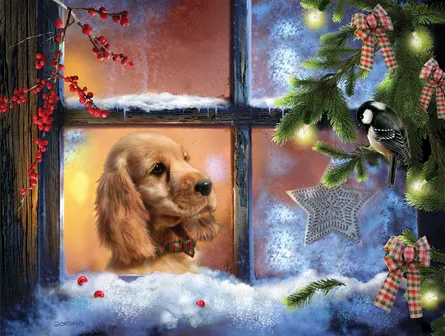 Christmas dog on window sill