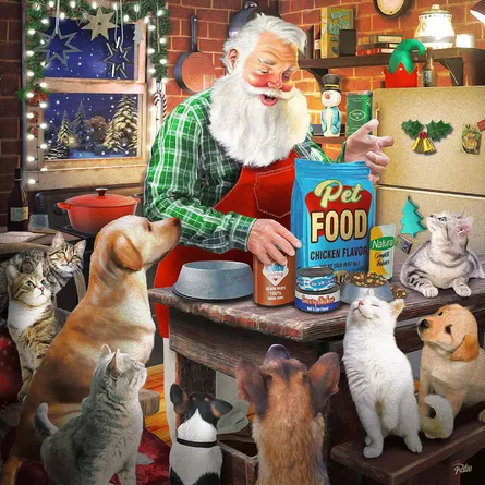 Santa clause with cats and dog