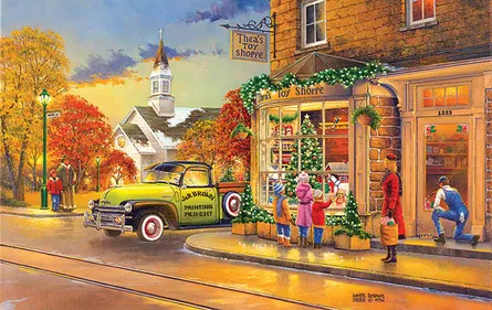 This is a painting of an old-fashioned town during Christmas time