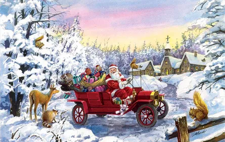 Santa's sleigh with reindeer, snowy landscape