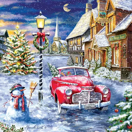 Christmas village, old car, snowy street