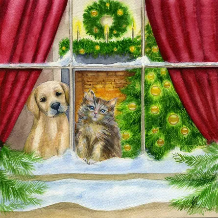 Cozy winter scene pets