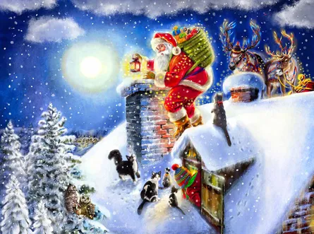 Santa climbing snowy rooftop