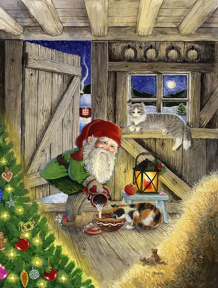 Santa in barn with cat and dog