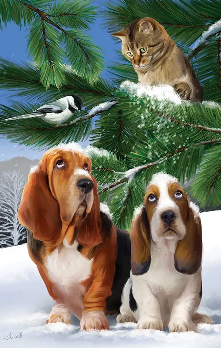 Paintings of dogs with trees, pine cones and birds