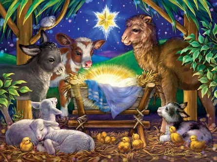 Farm animals around nativity scene