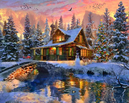 Cozy winter cabin scene