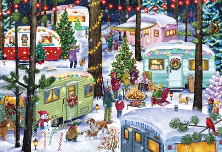 Festive winter campground scene