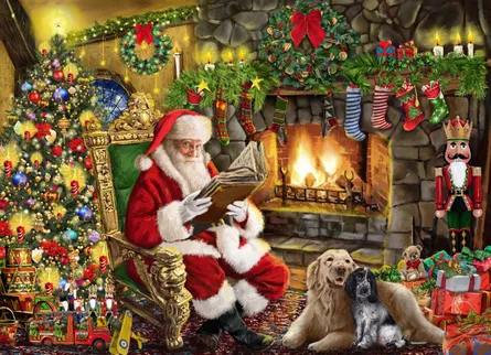 Santa reading by fireplace