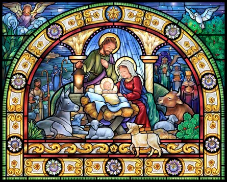 Stained glass manger scene