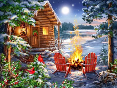 Christmas cabin by lake