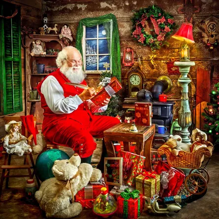 Santa claus in room full of gifts and christmas