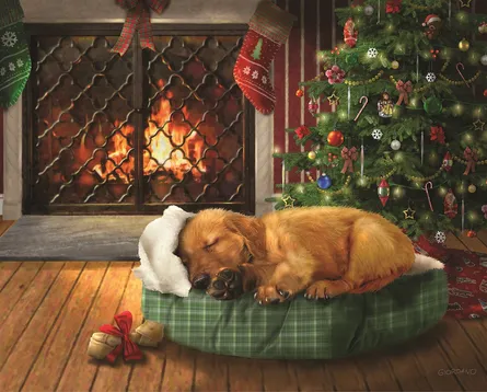 Cozy puppy by fireplace