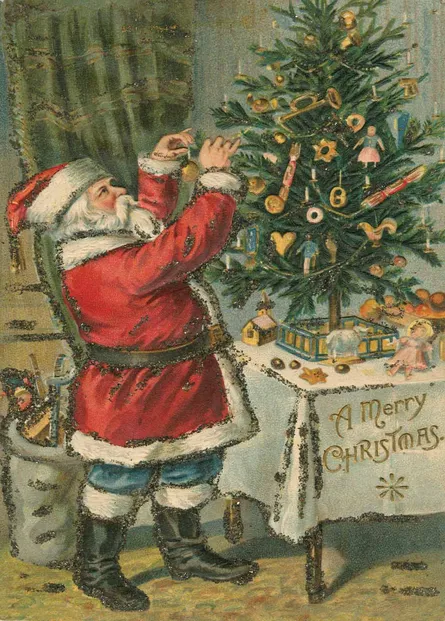 Santa decorates Christmas tree