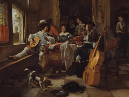 Artwork depicts a group of people in a room