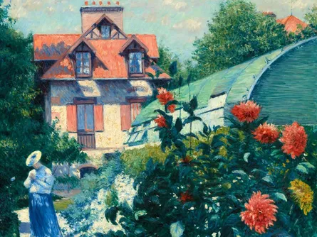 Patchwork garden with flowers and woman