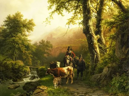 Rural landscape with cows and people