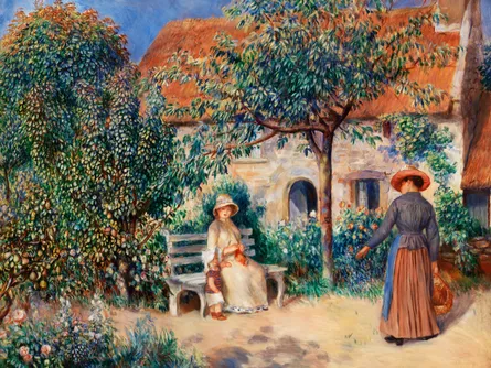 Two women, sunlit garden, white house