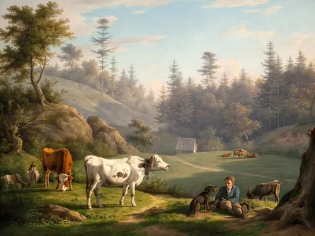 Pastoral painting of man, cows and dogs