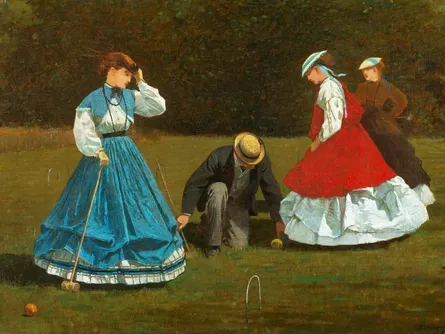 Women playing croquet, looking at scoreboards