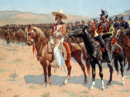 Artistic representation of men in uniform on horseback