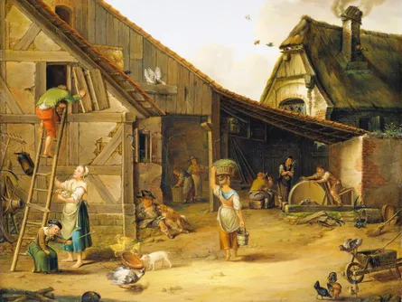 Rural scene with people and animals