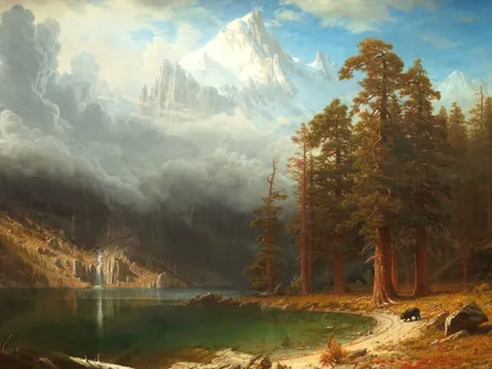 Landscape painting of mountains and forest